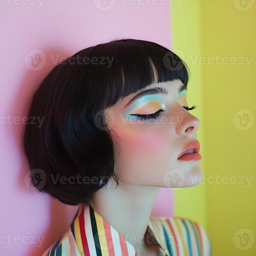 A woman with bright makeup and colorful clothes photo