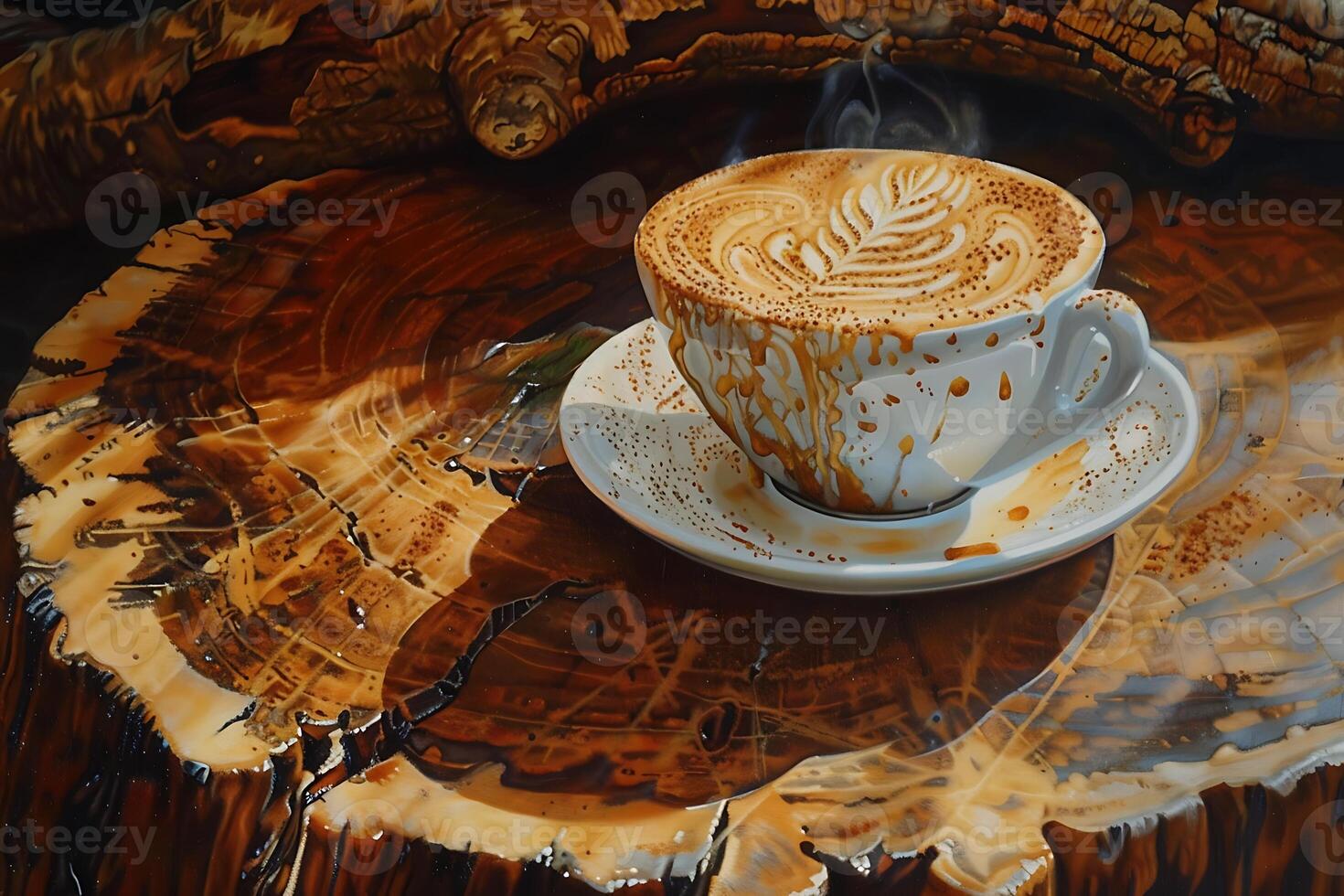 A painting of a cup of coffee on a table photo