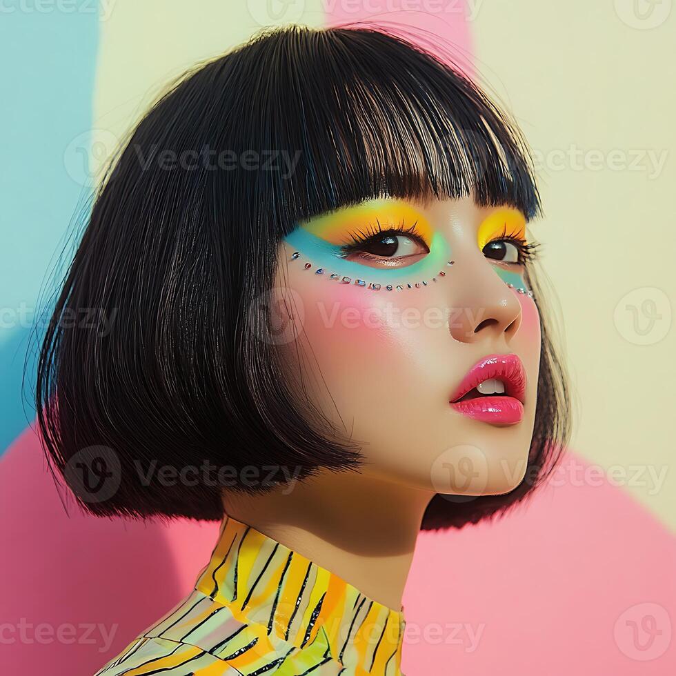 A woman with bright makeup and colorful hair photo