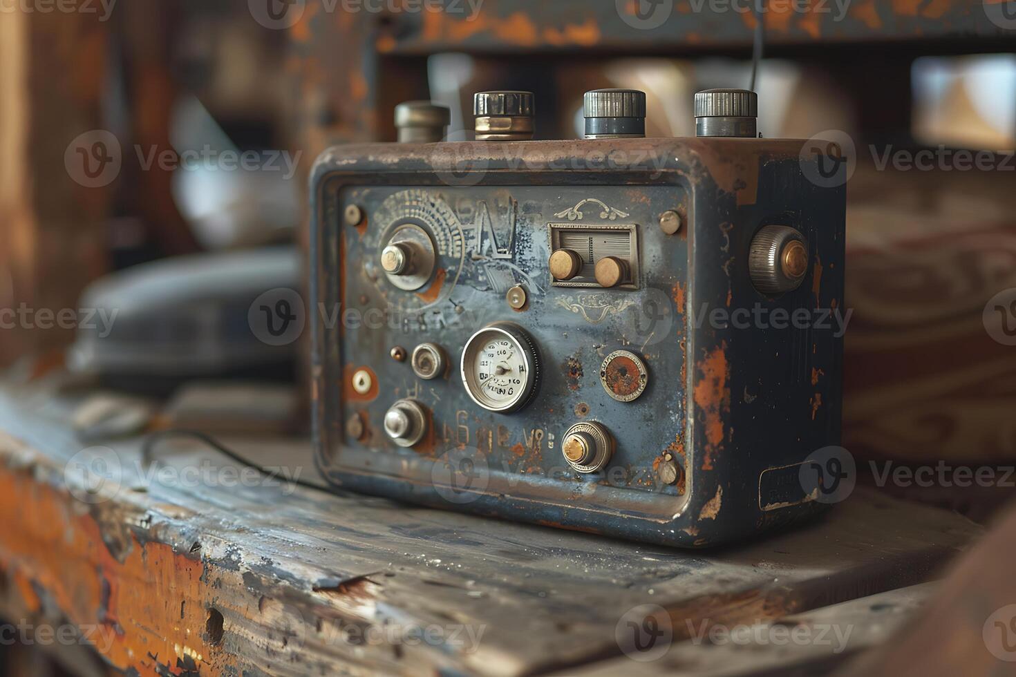 An old radio sitting on a wooden table photo