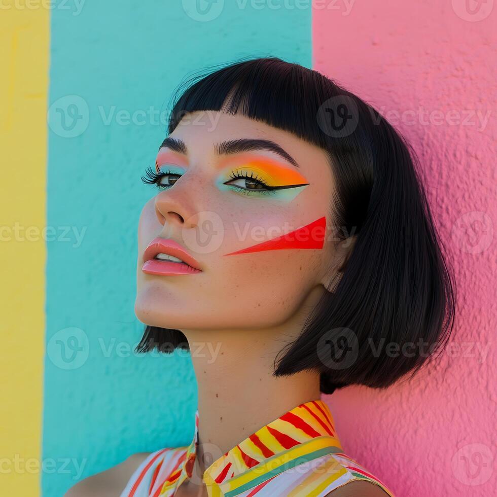 A woman with colorful makeup and a colorful striped background photo