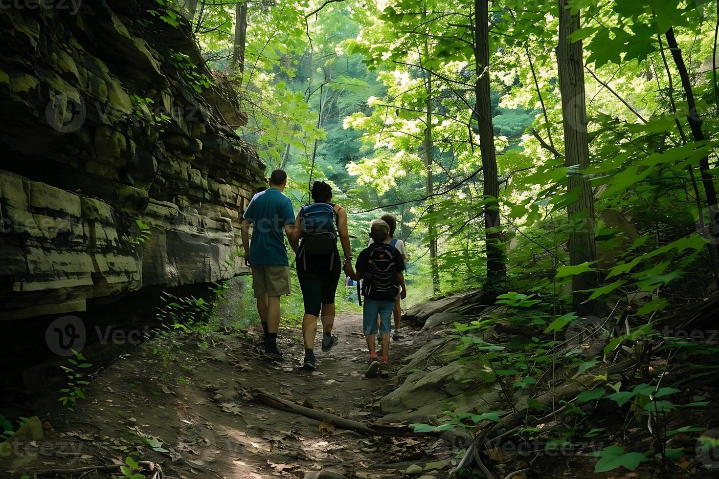 A family hiking in the woods photo