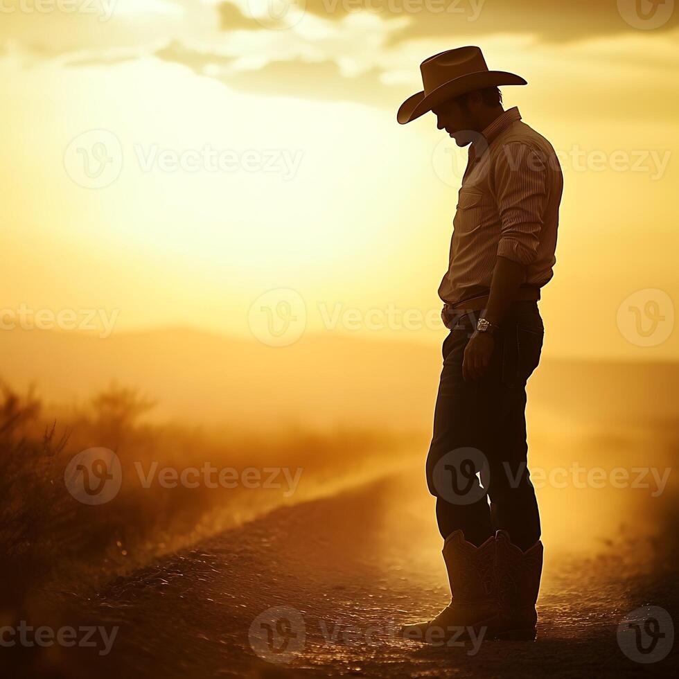 A man in cowboy boots standing on a dirt road photo