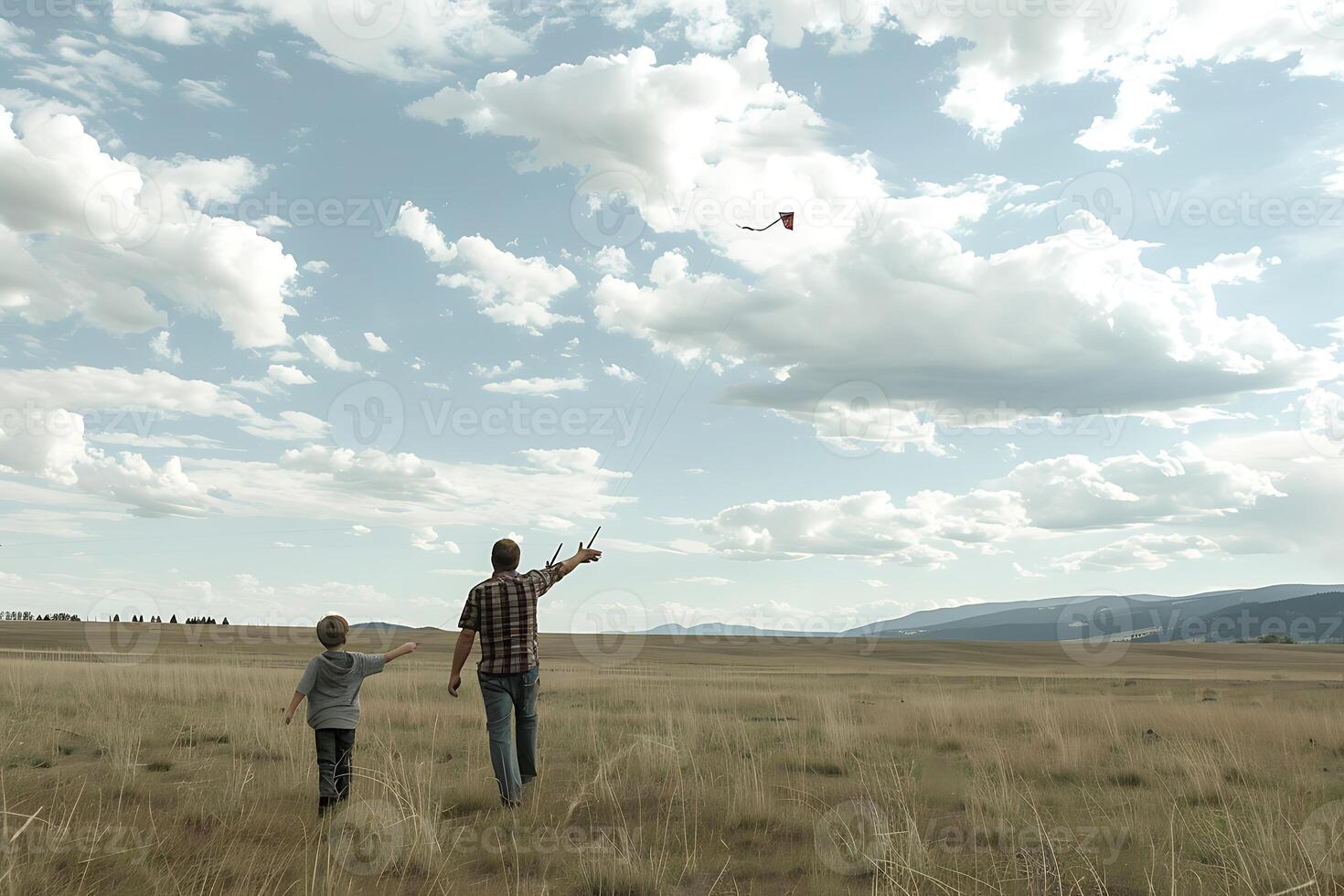 A man and a boy flying a kite in a field photo