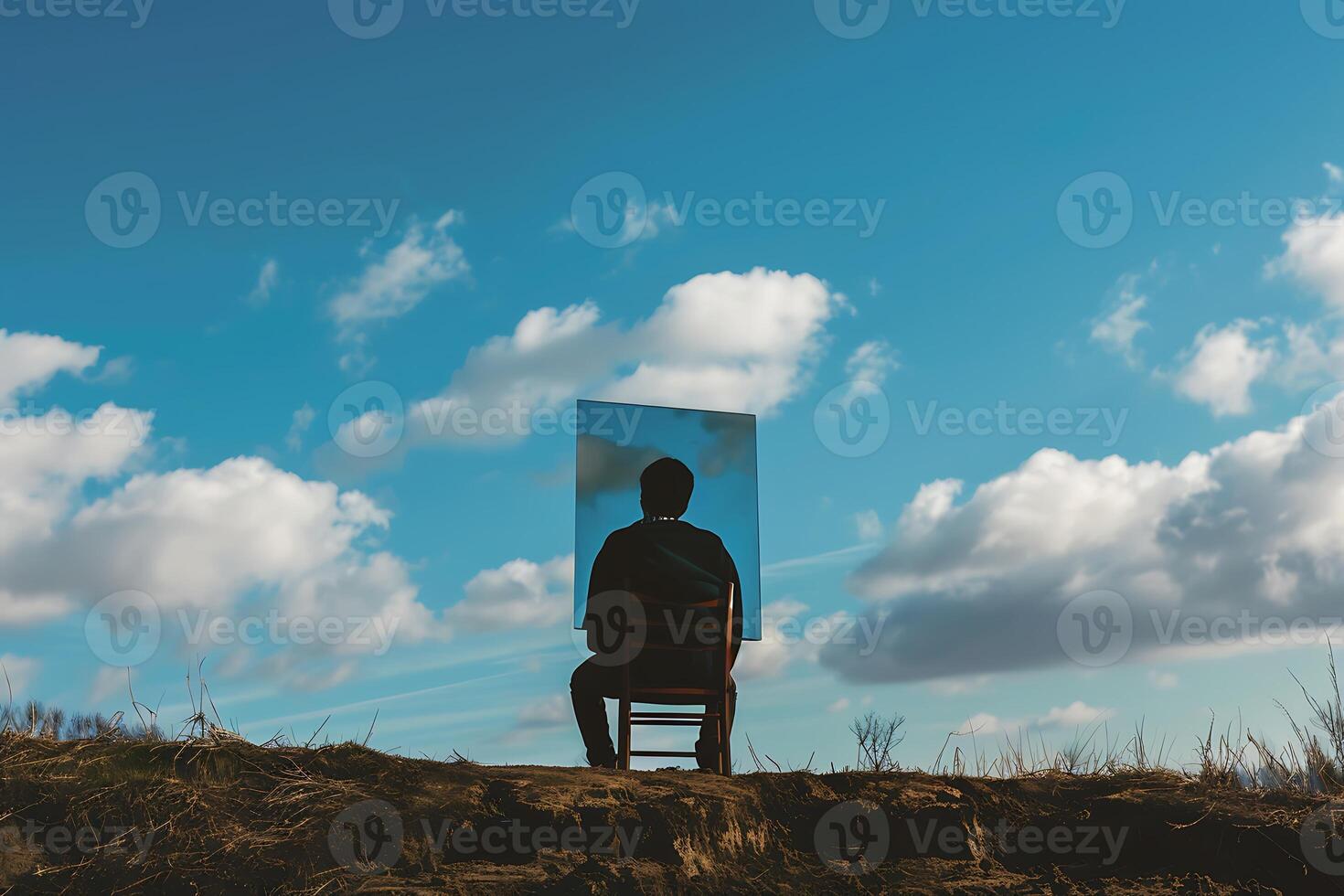 A man sitting on a chair with a glass window in front of him photo