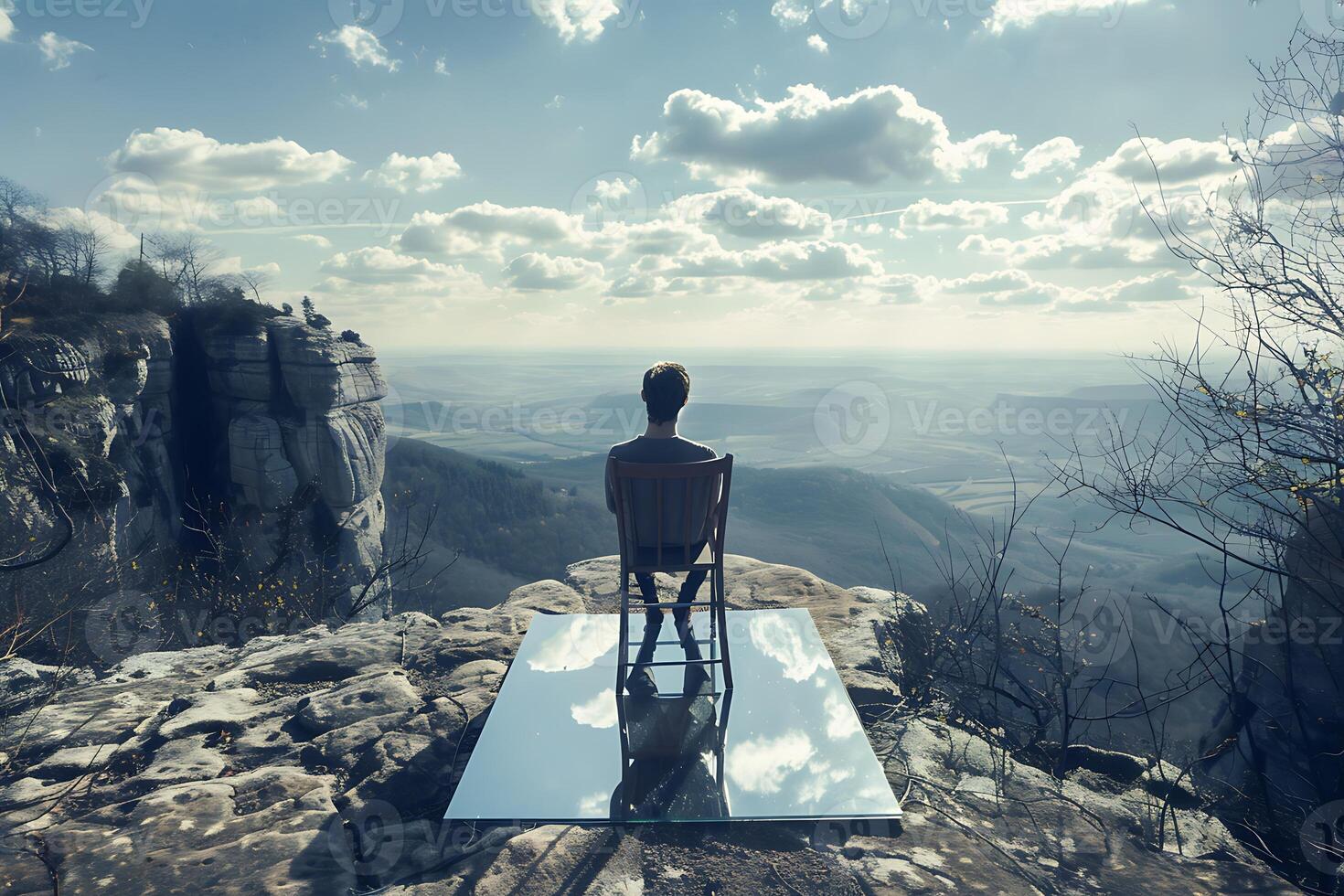 A man sitting on a chair on top of a mountain photo