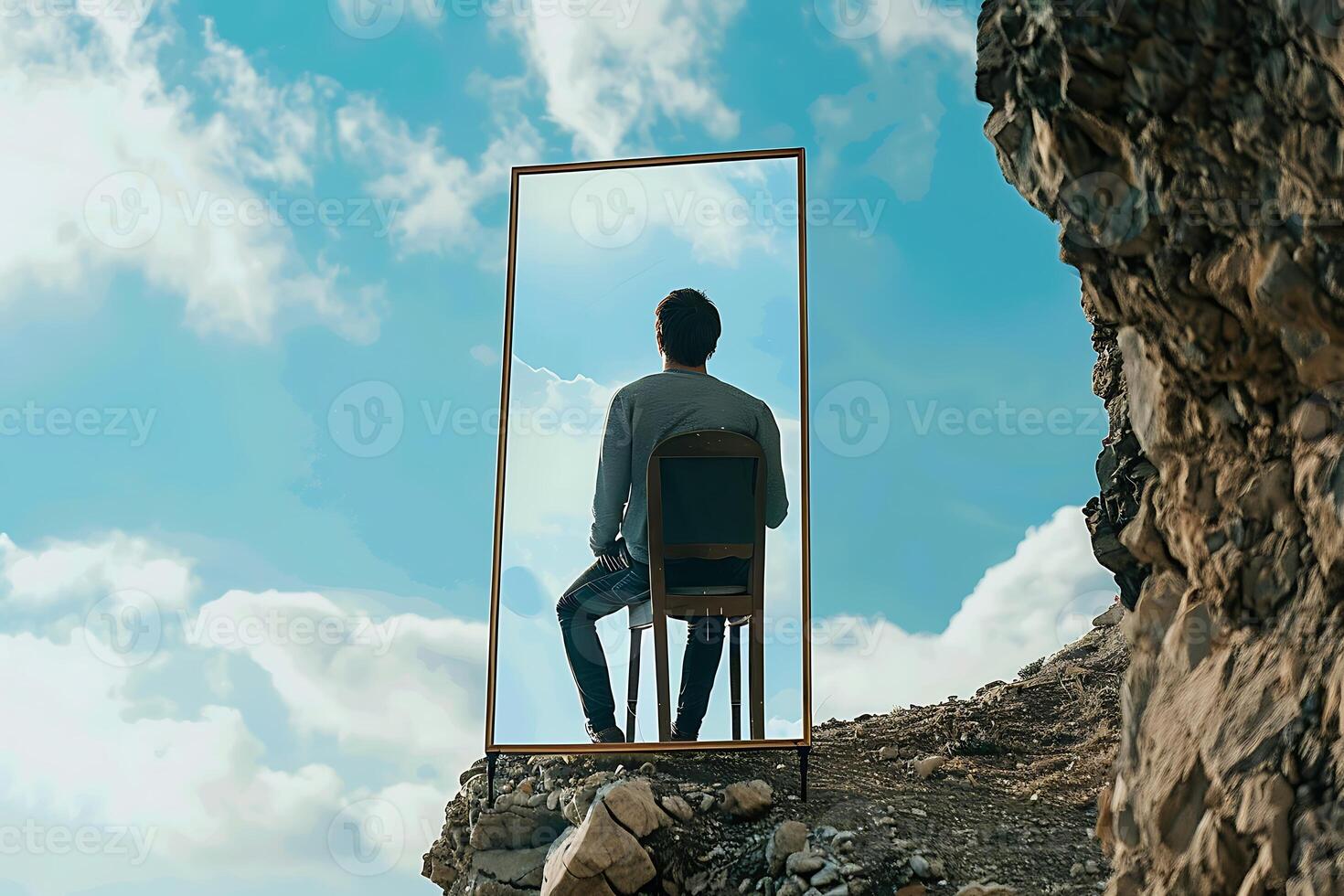 A man sitting on a chair looking out a window photo
