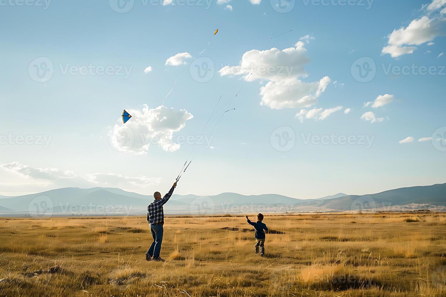 A man and a boy flying kites in a field photo