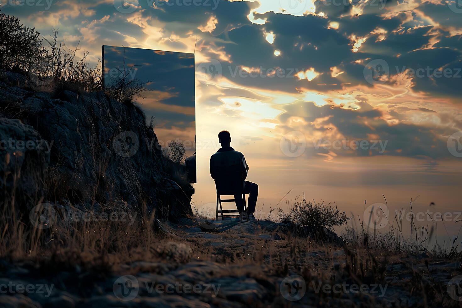 A man sitting on a chair looking at a mirror photo