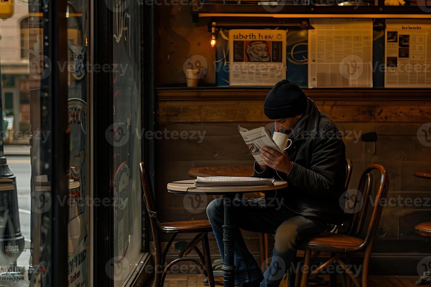 A man sitting at a table reading a newspaper photo