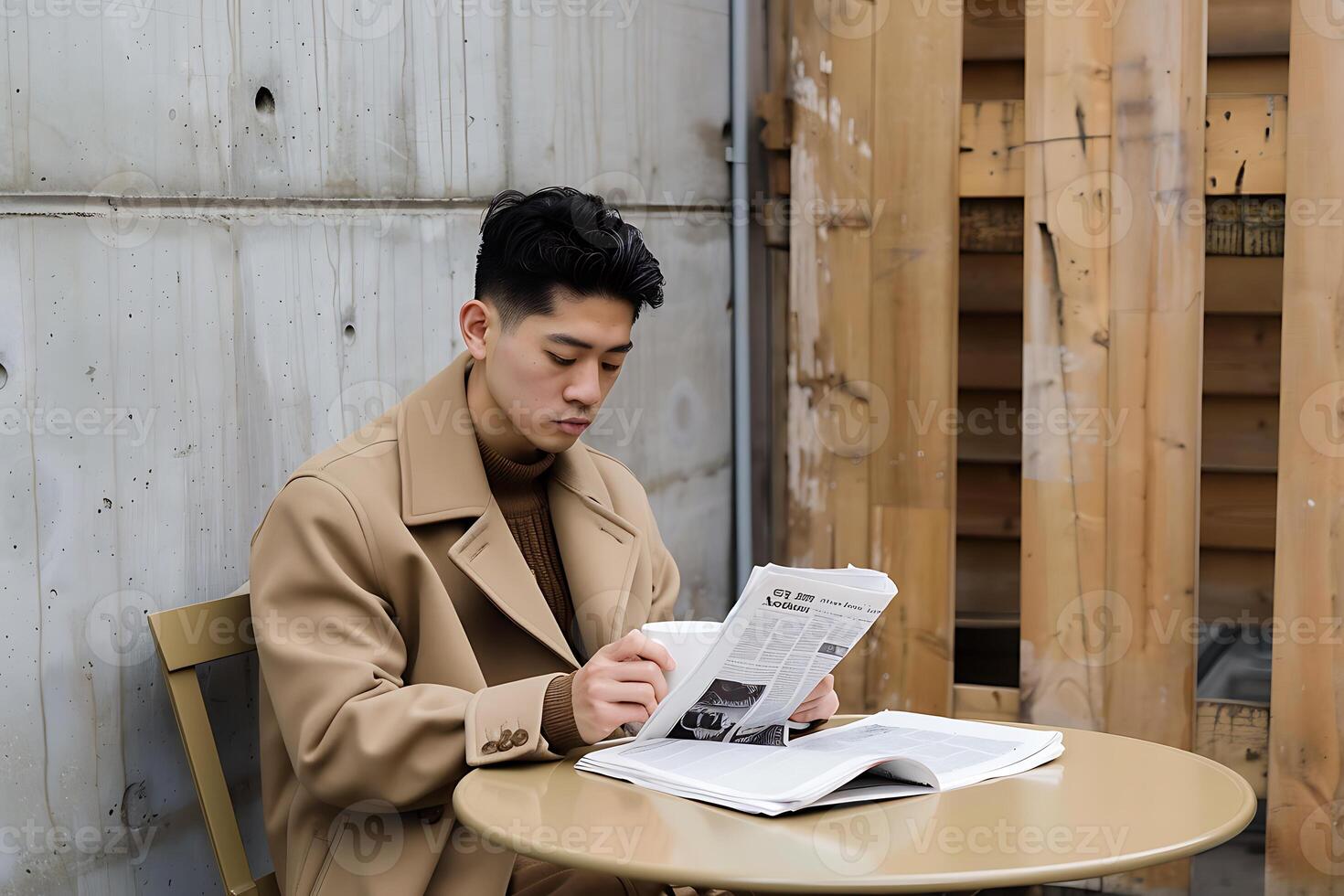 A man sitting at a table reading a newspaper photo