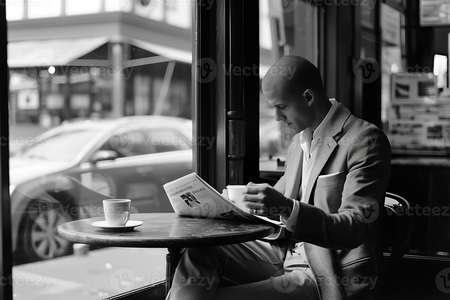 A man in a suit sitting at a table reading a newspaper photo