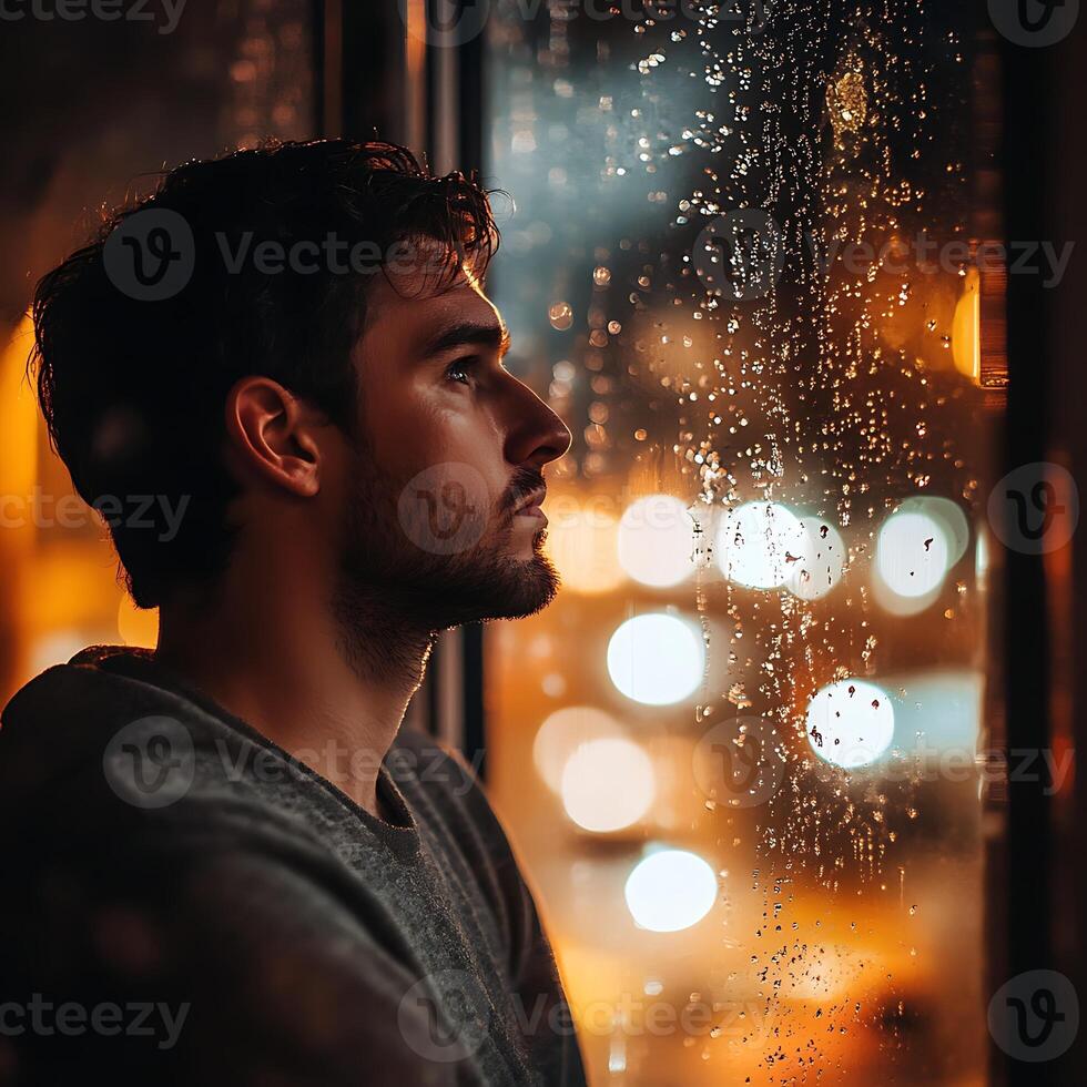 A man looking out the window at night with raindrops on the window photo