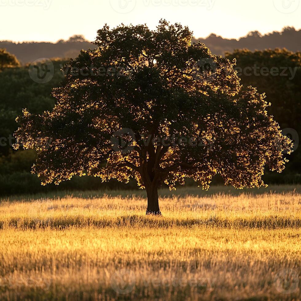 A tree in a field at sunset photo