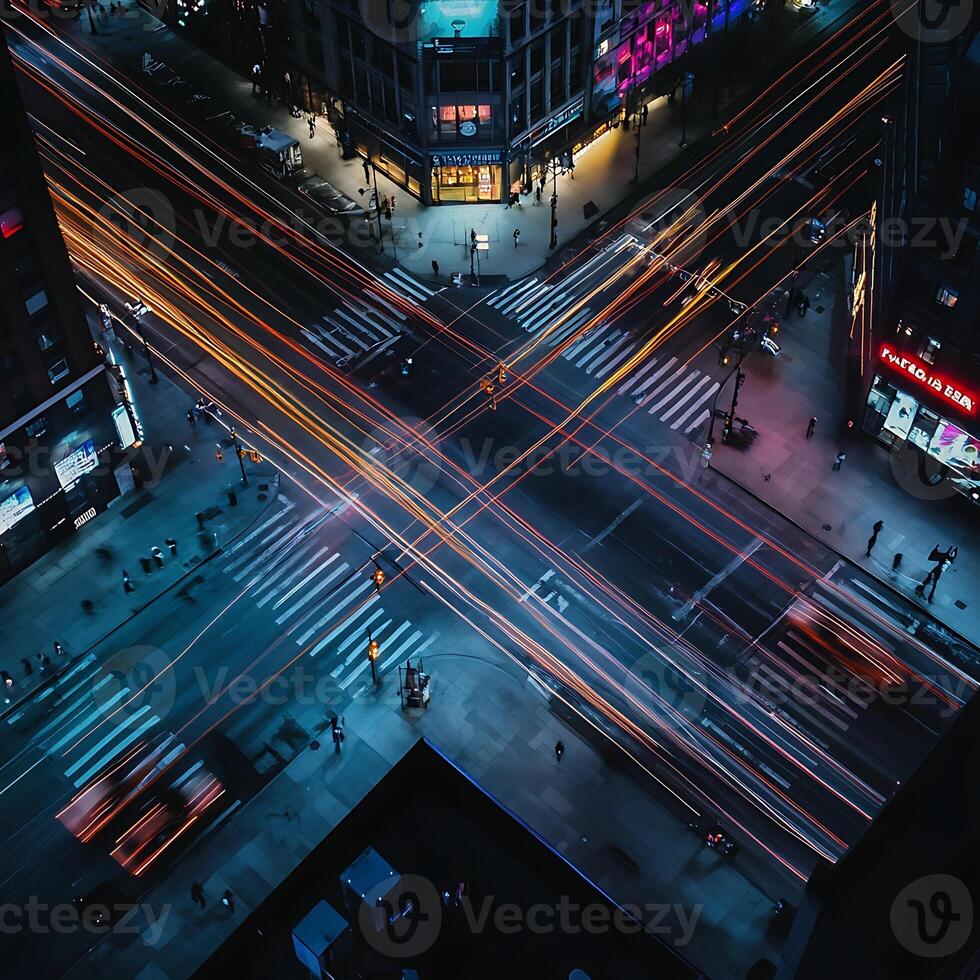 An aerial view of a busy intersection at night photo