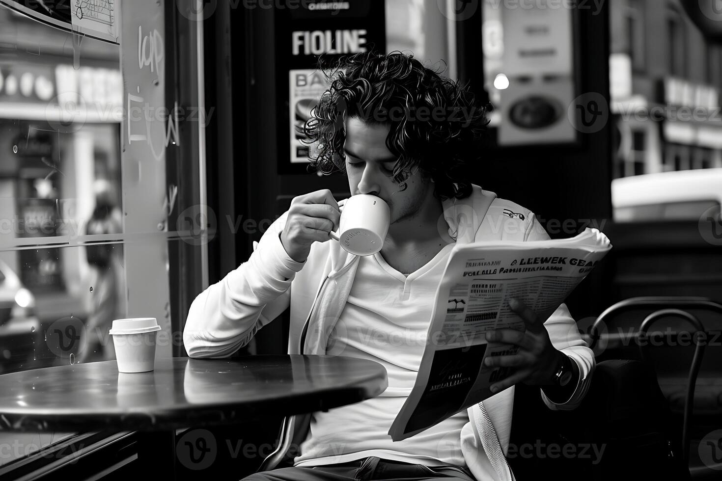 A man sitting at a table drinking a coffee and reading a newspaper photo
