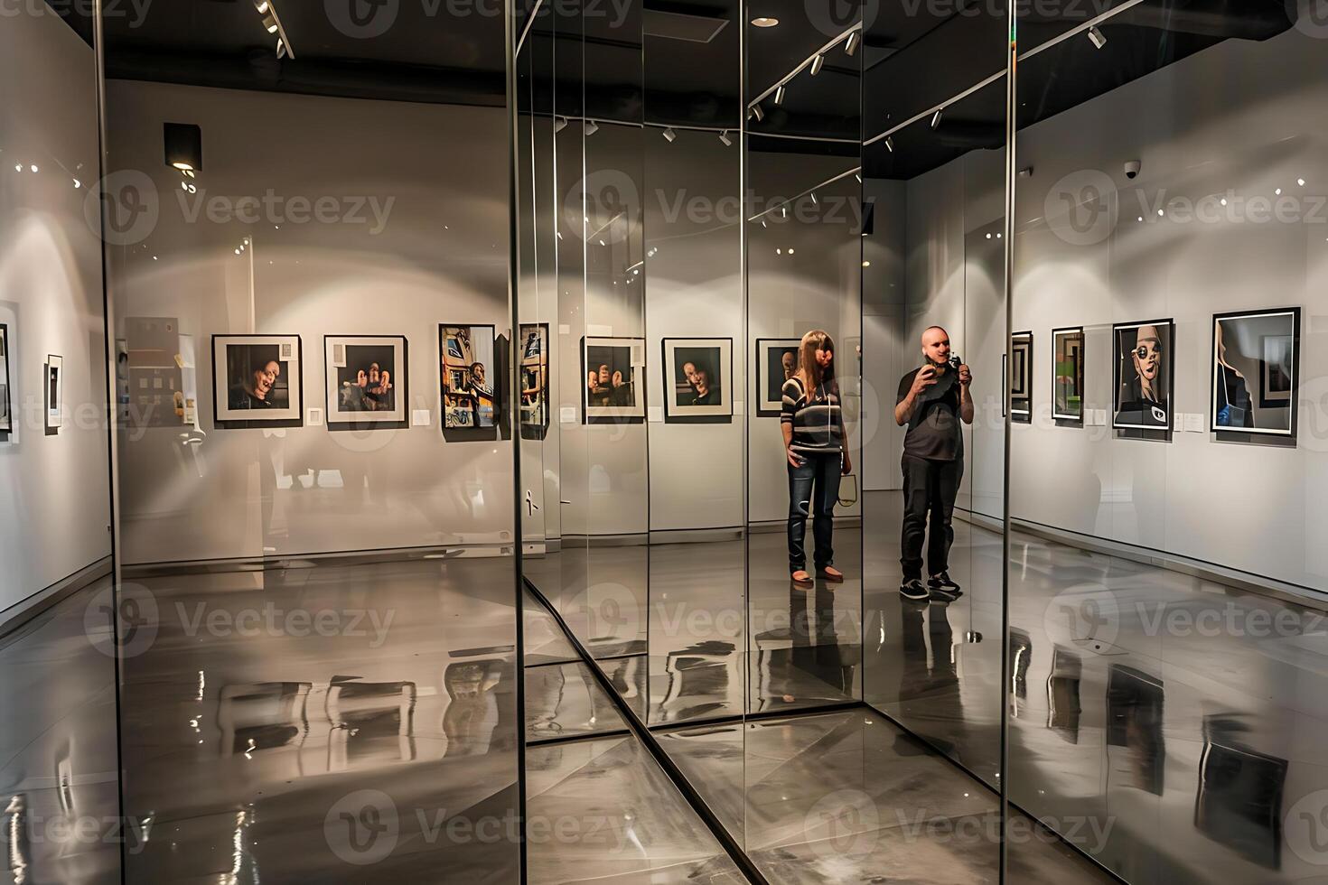 Two people looking at photographs in an art gallery photo