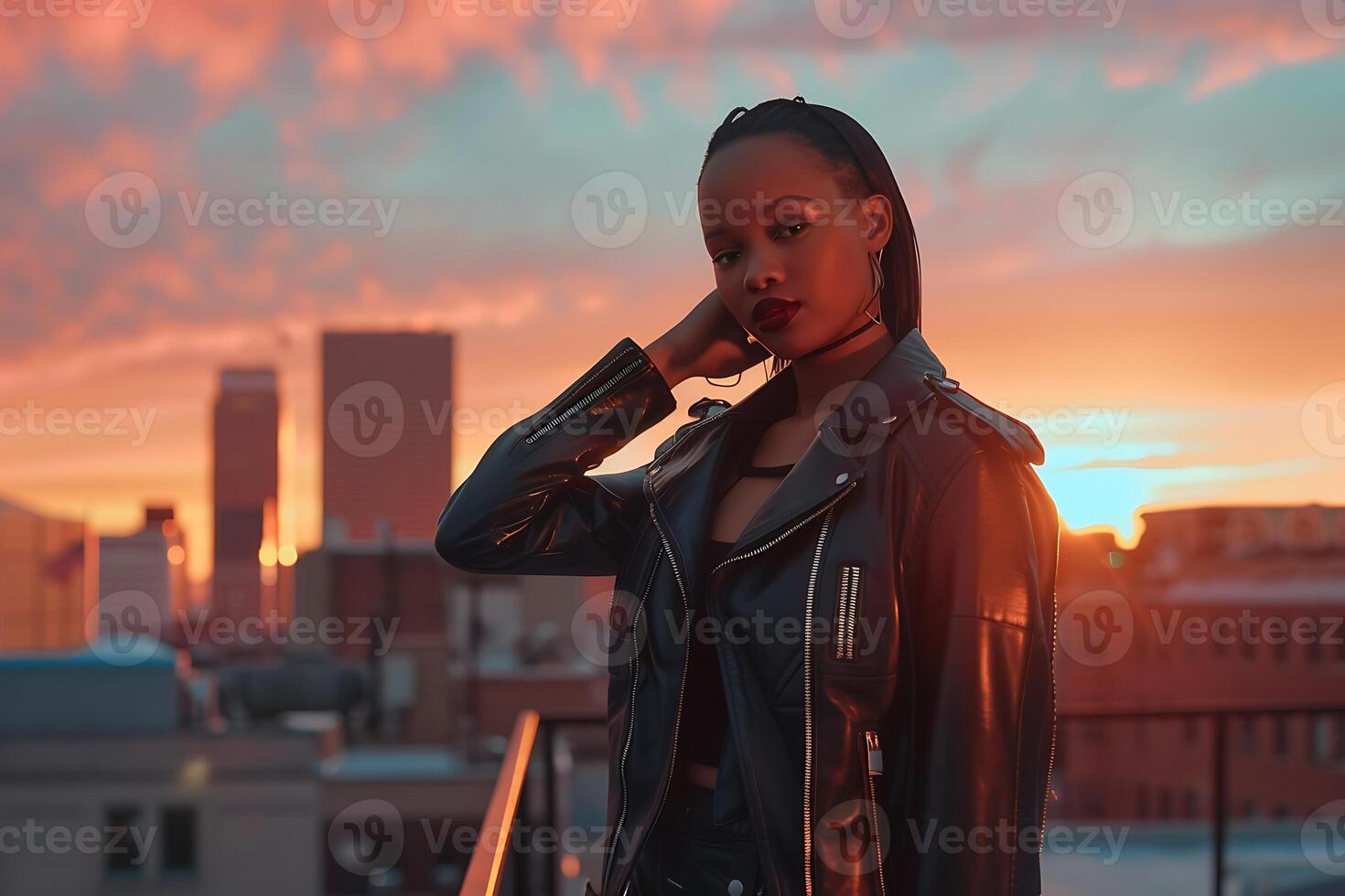 A woman in leather jacket standing on a rooftop with a city in the background photo