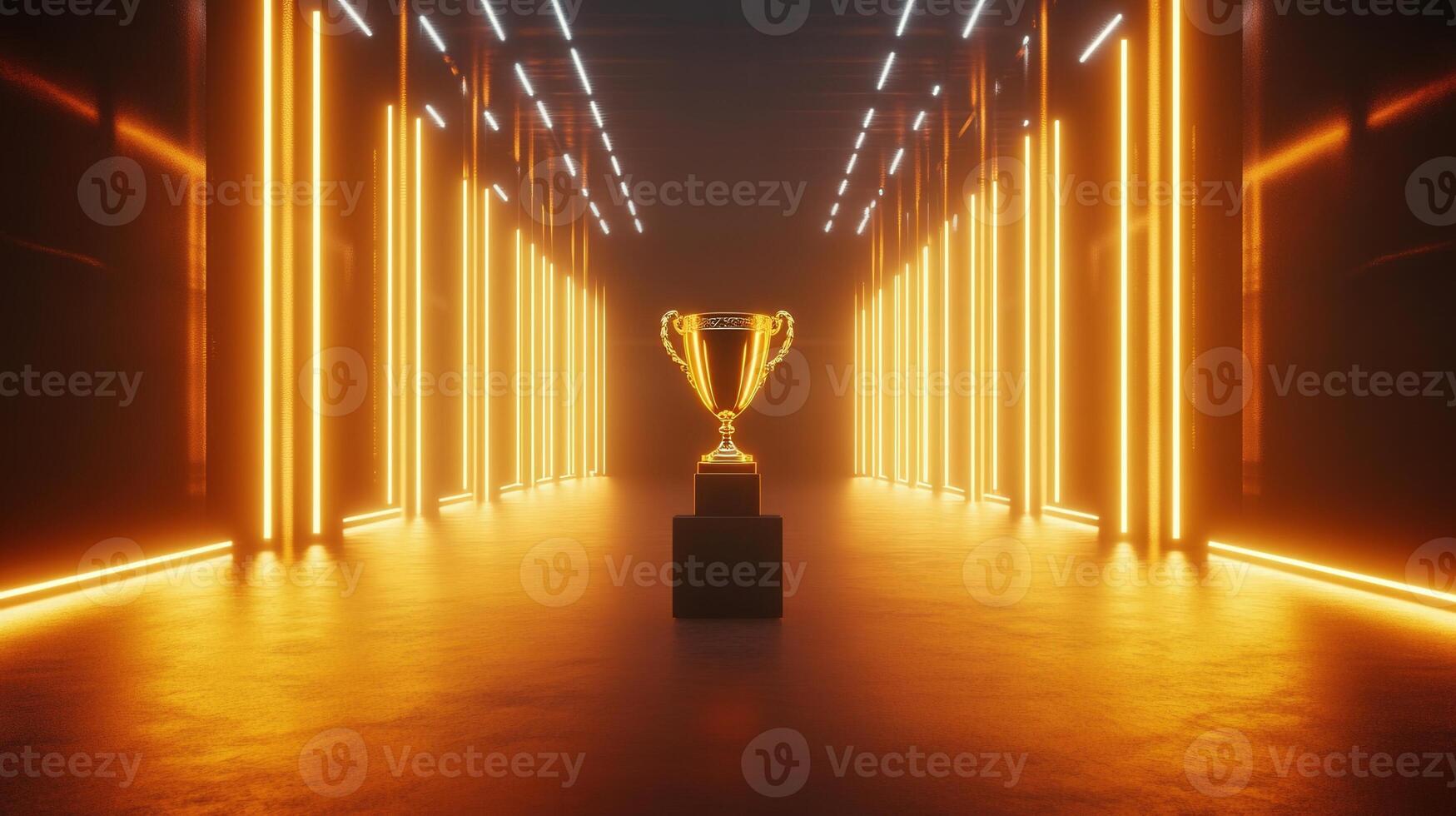 Gold trophy championship stage adorned with a laurel wreath shining on an illuminated podium in a dark room filled with neon lights background photo