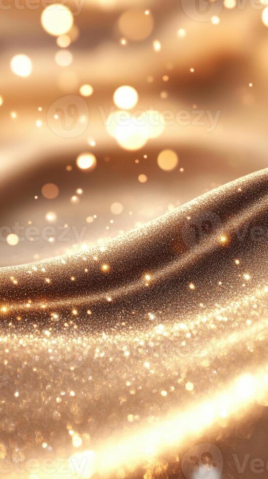 Luxurious golden glitter brown waves glimmering with radiant bokeh and sparkling particles, evoking glamorous festive ambiance background photo