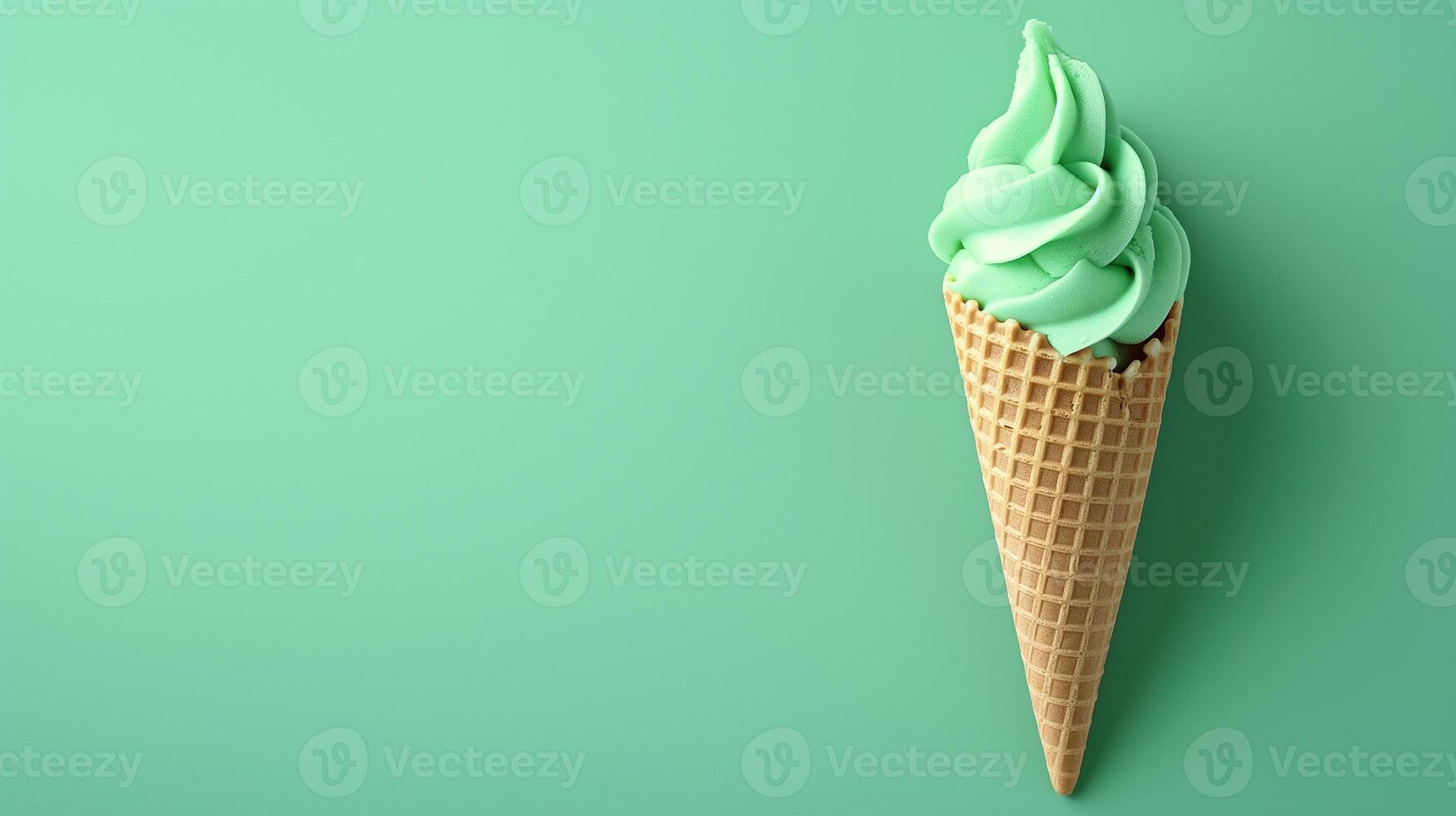 A Emerald ice cream cone on a green background, summery setting with copy space. photo
