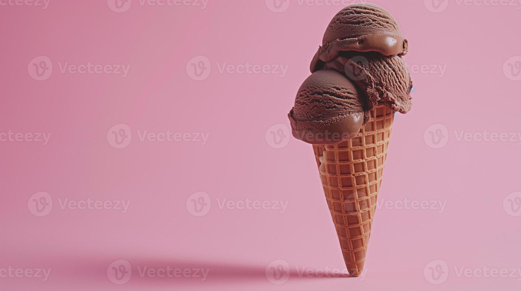A Dark Brown ice cream cone on a pink background. Copy space. photo