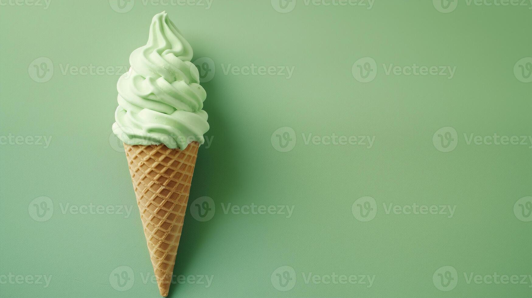 A Emerald ice cream cone on a blank green background, summery setting with copy space. photo