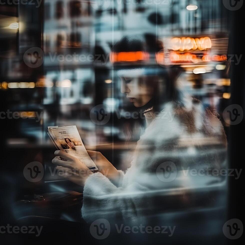 A person sitting in a cafe looking at a tablet photo