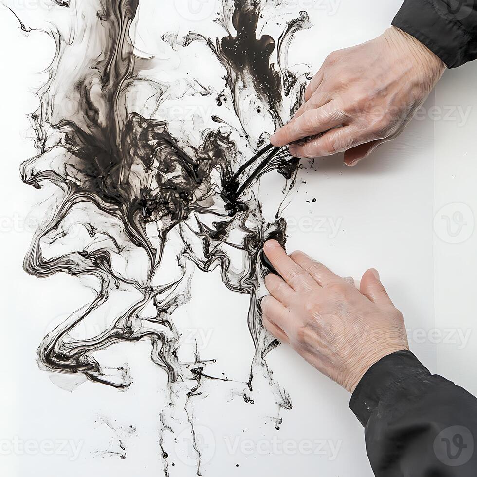 A person is using a pair of scissors to cut into a piece of ink photo