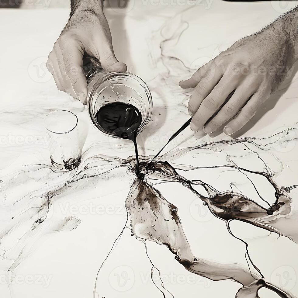 A man is pouring ink onto a piece of paper photo