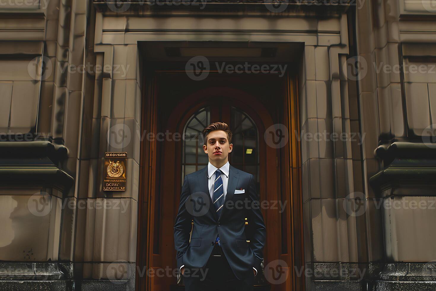 A man in a suit standing in front of a door photo