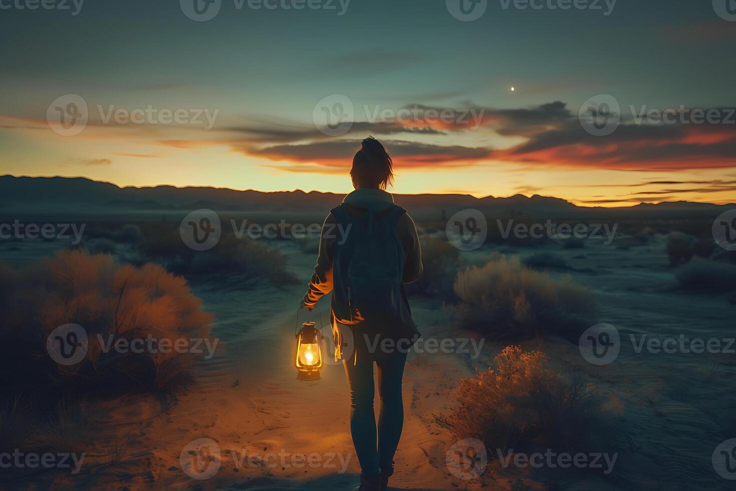 A person walking in the desert holding a lantern photo
