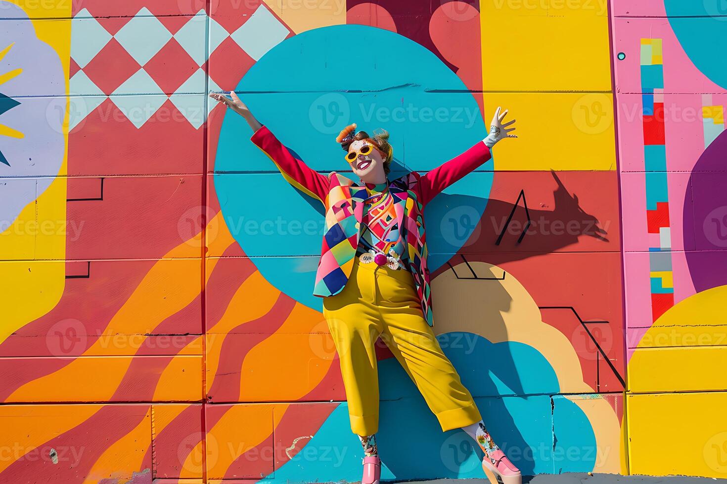 A woman in a colorful suit standing in front of a colorful wall photo
