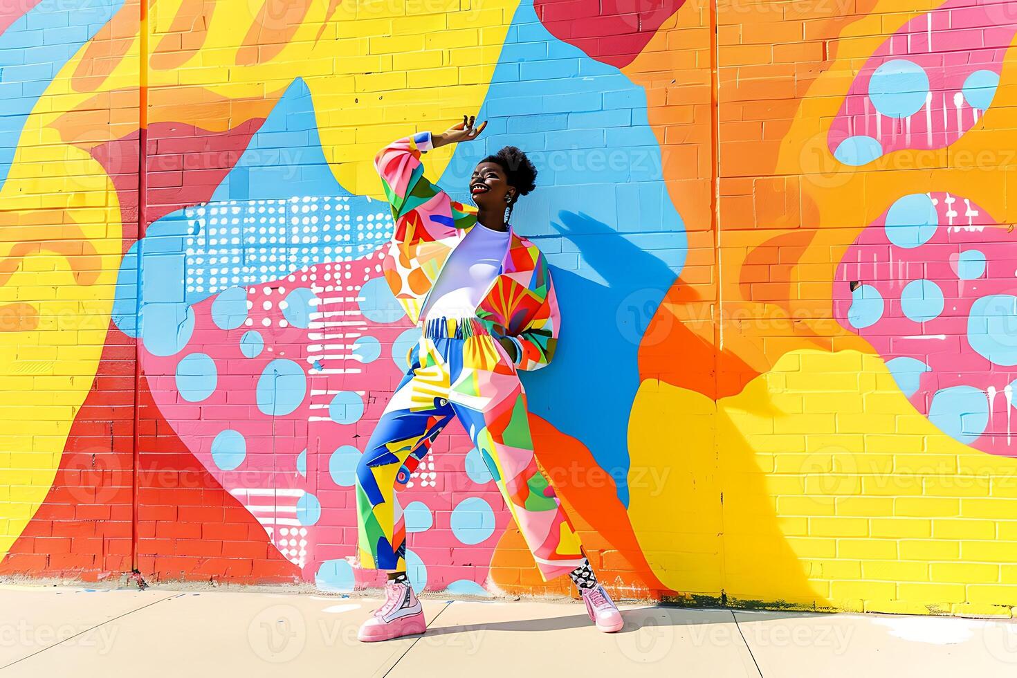 A woman in a colorful outfit is standing in front of a colorful wall photo