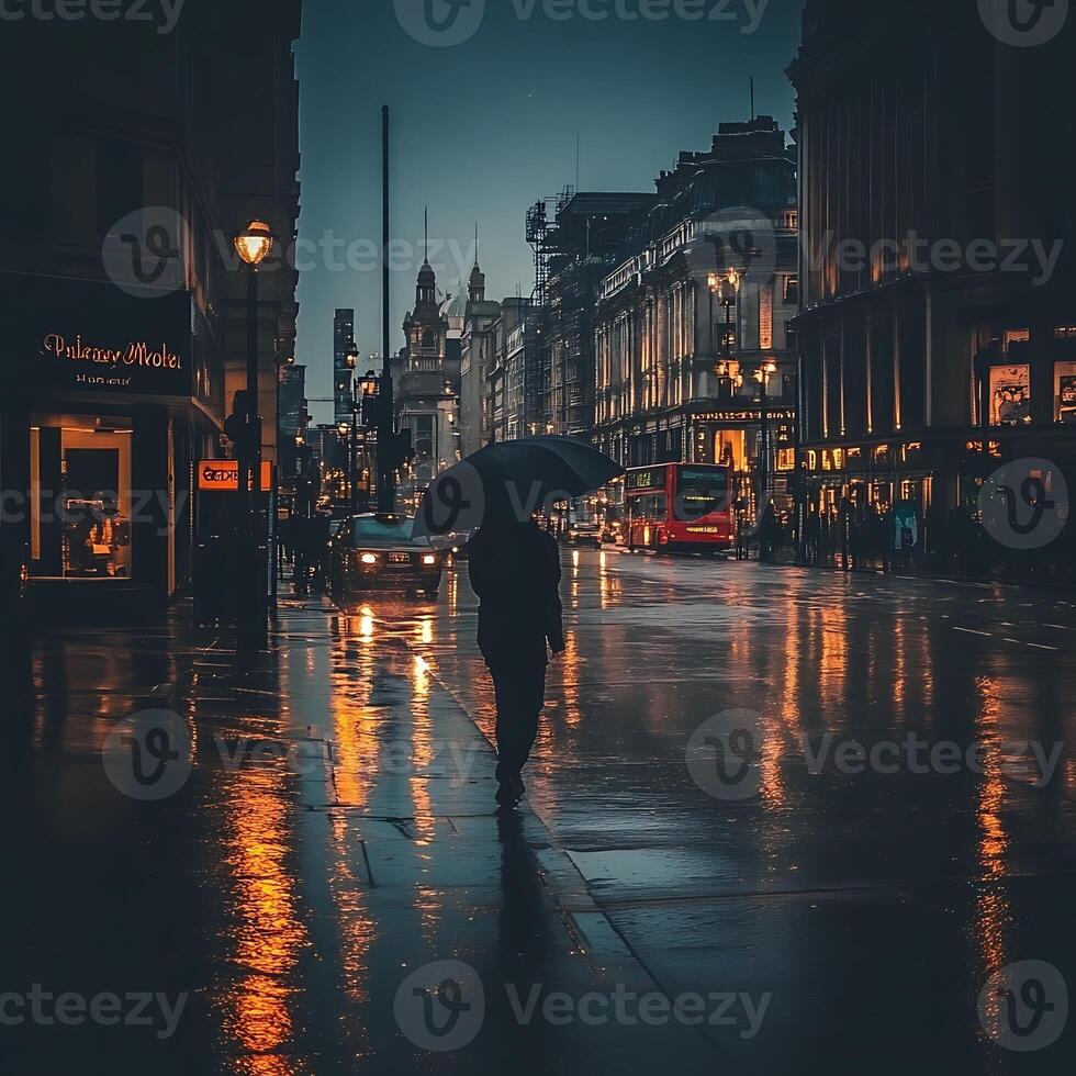A person walking down a wet street with an umbrella photo