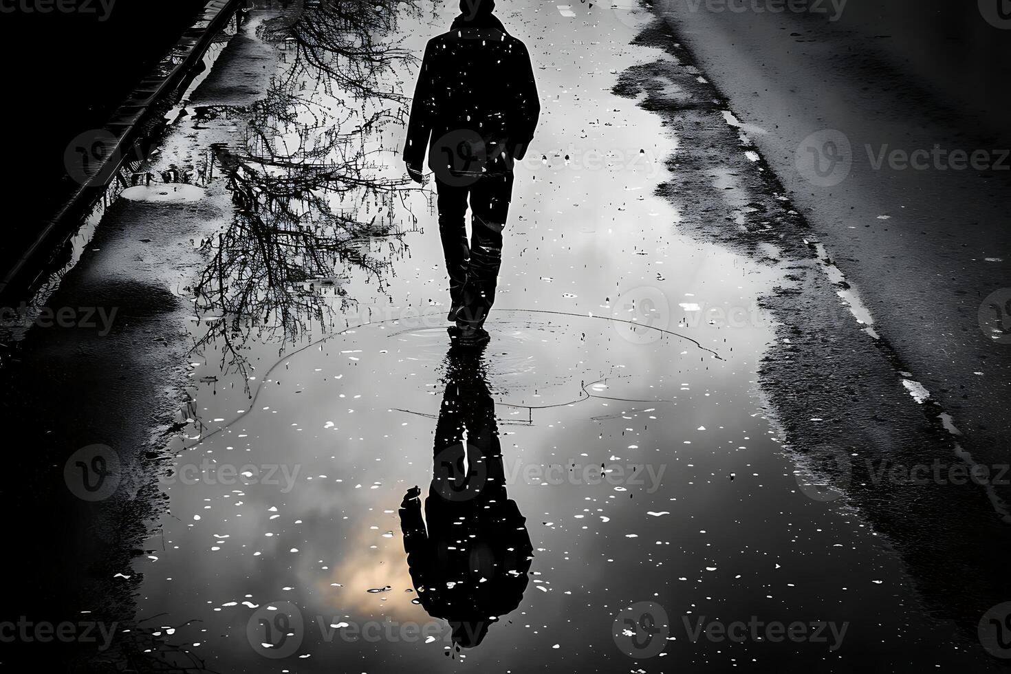 A man walking in the rain with his shadow photo