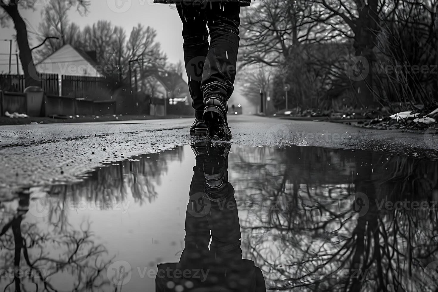A person walking in the rain with their reflection in the puddle photo