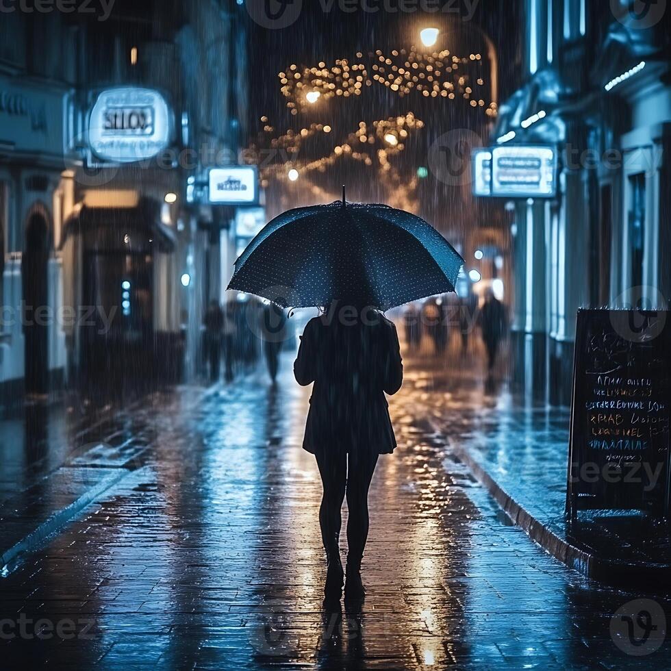 A person walking in the rain with an umbrella photo