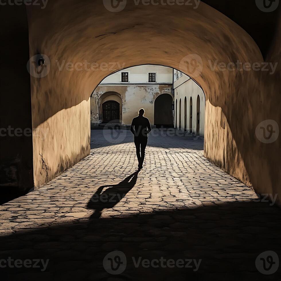 A person walking through an archway in a courtyard photo