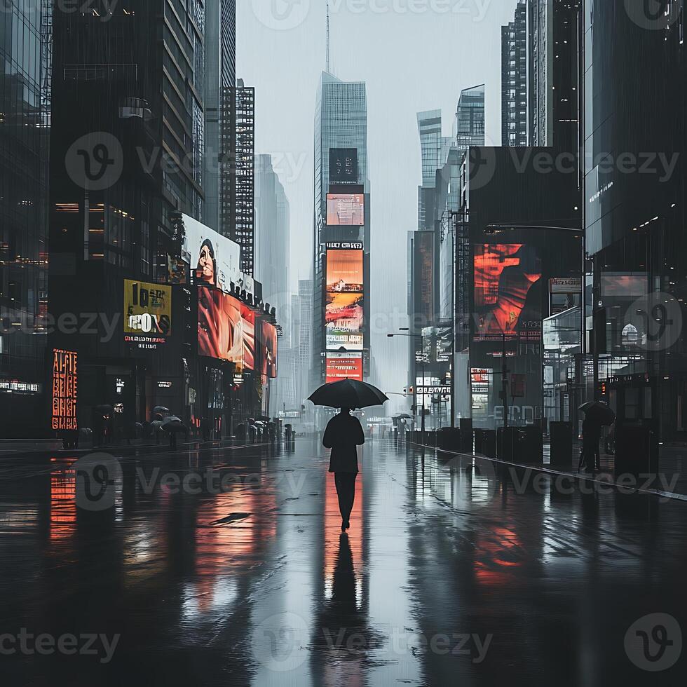 A person walking in the rain with an umbrella photo