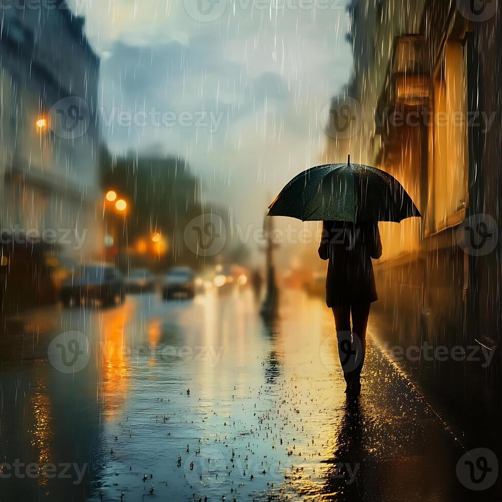 A person walking in the rain with an umbrella photo