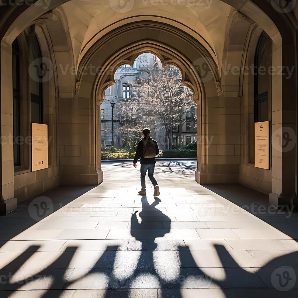 A person walking through an archway photo