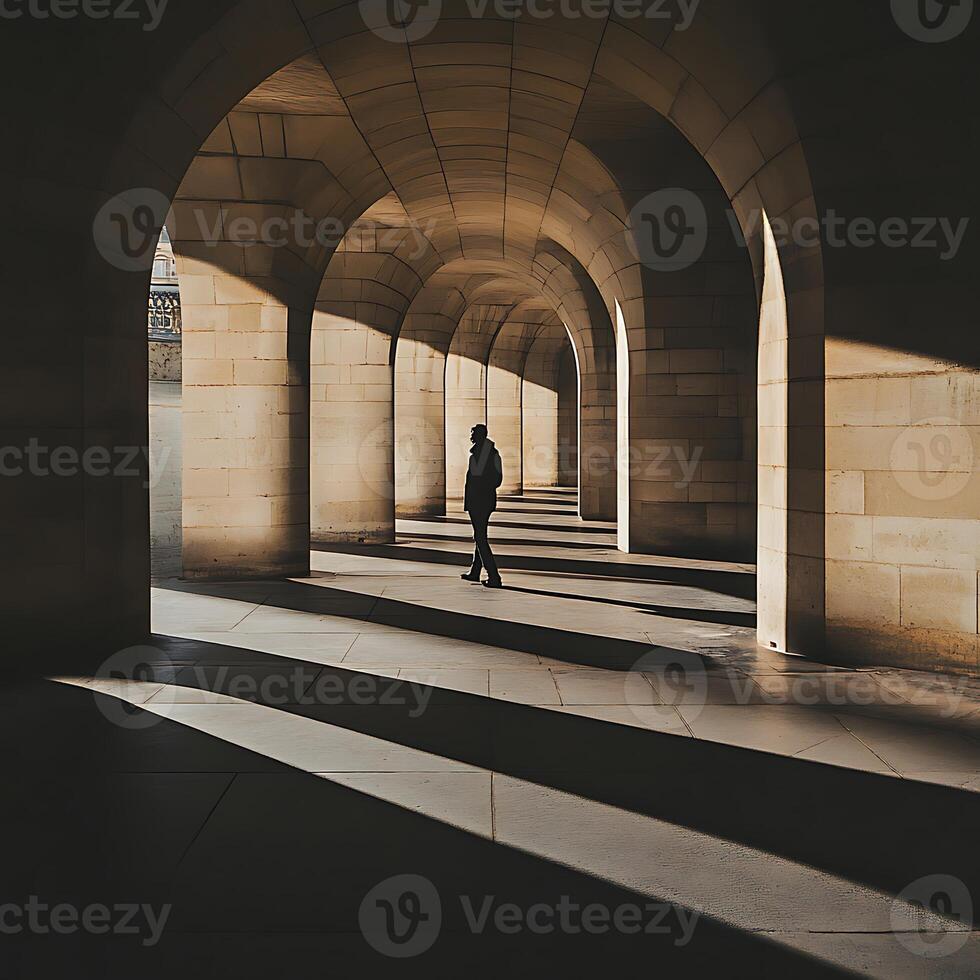 A person walking through a tunnel with arches photo