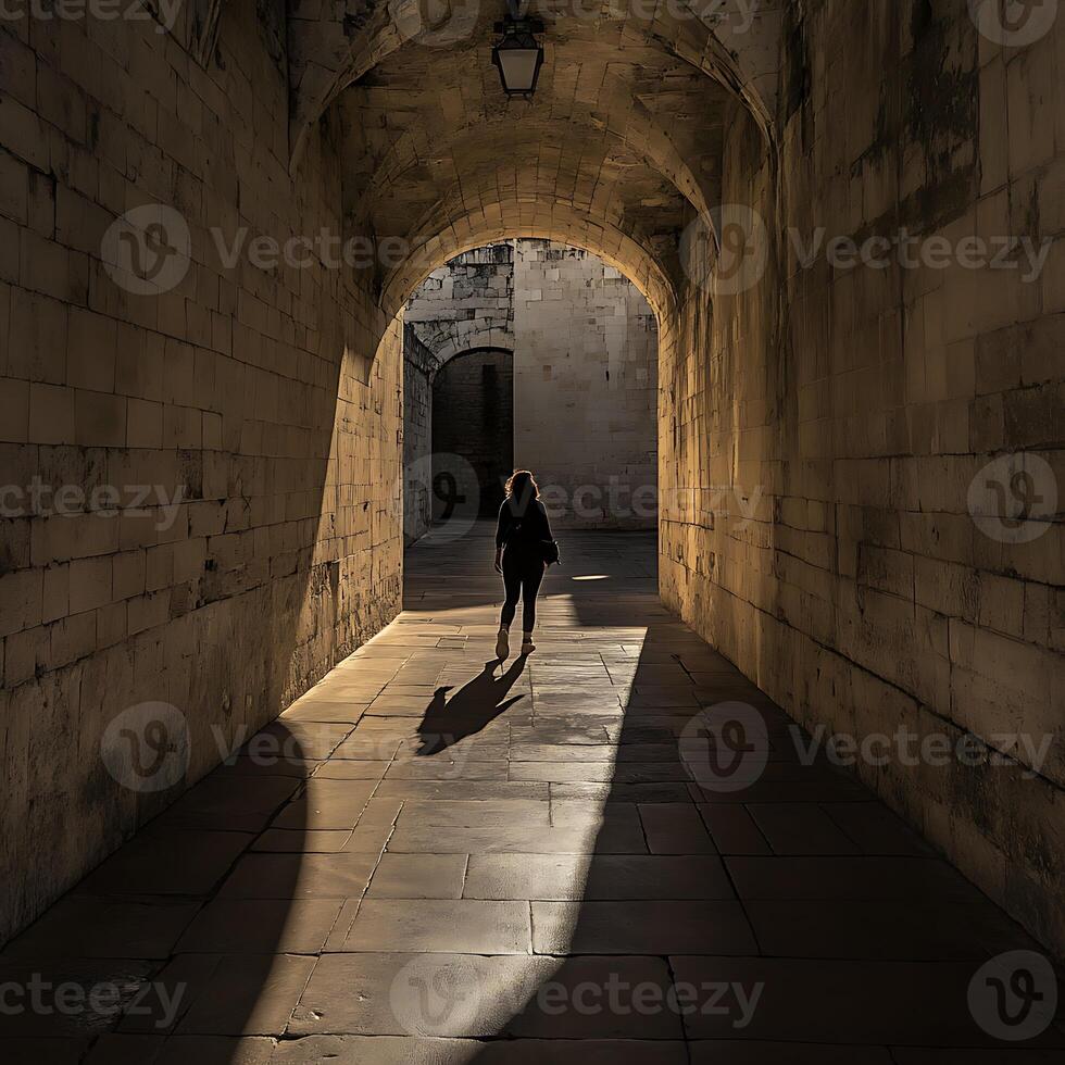 A person walking through an archway in a stone building photo