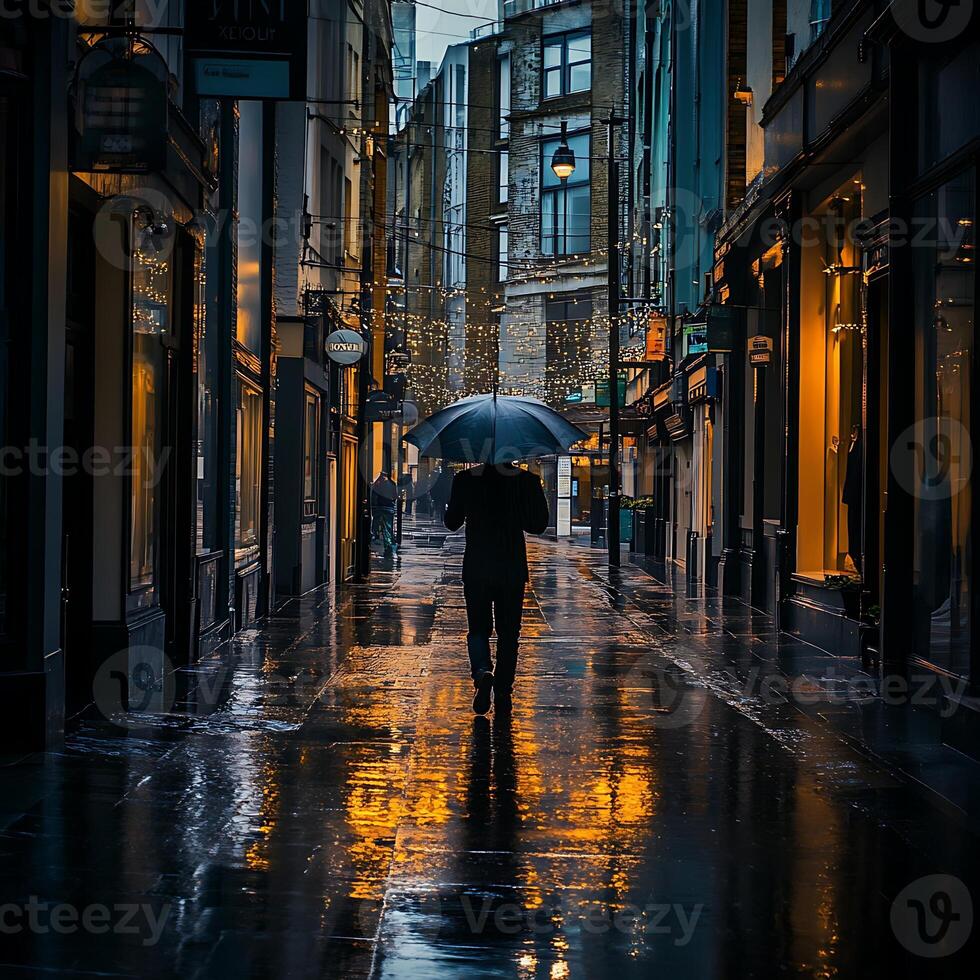 A person walking down a wet street with an umbrella photo