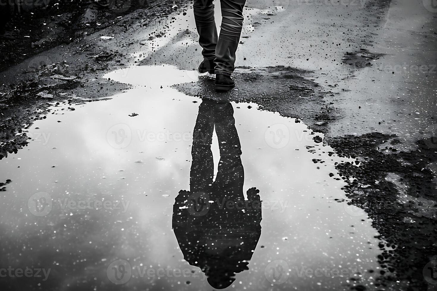 A person walking in the rain with their shadow photo