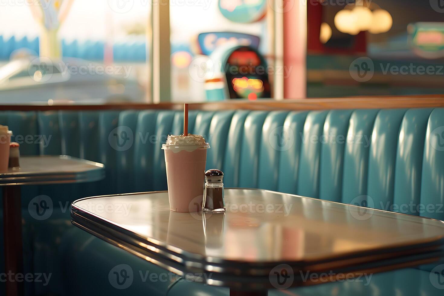 A booth with a drink and a table with a chair photo