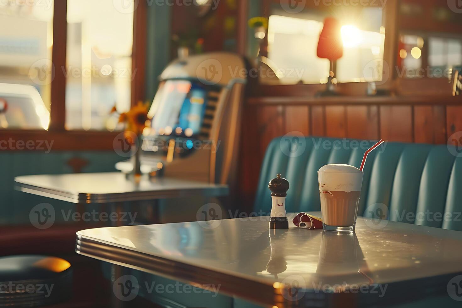 A table with a drink and a soda machine photo