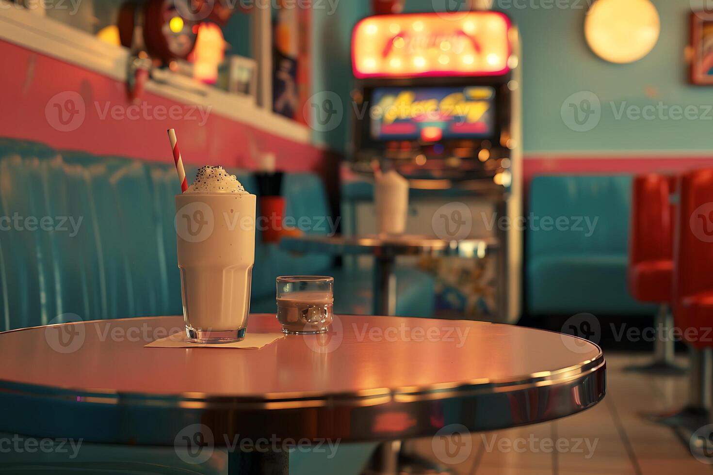 A table with a milkshake and a drink sitting on it photo