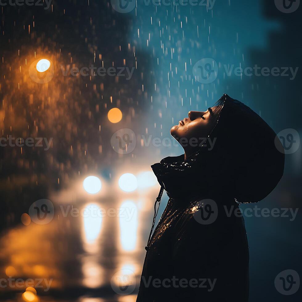 A person standing in the rain at night photo